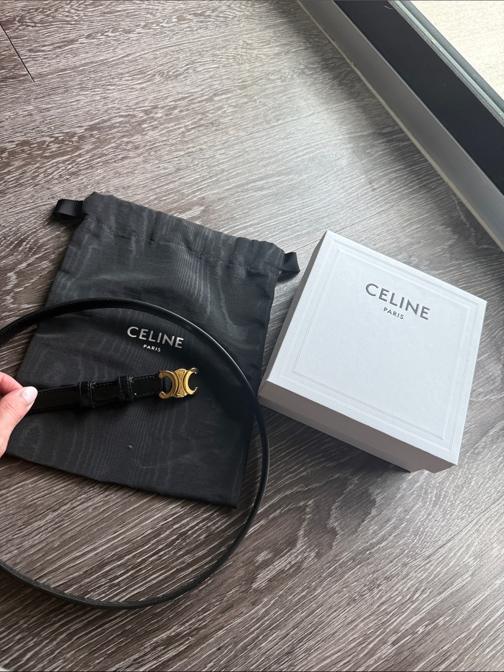 Celine Black Leather Waist Belt with Gold Triomphe Accent